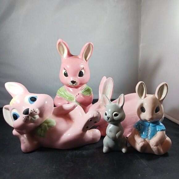 Vintage 5pcs Ceramic Bunny Rabbit Figurines Pink Glazed Shelf Decor - Picture 1 of 13